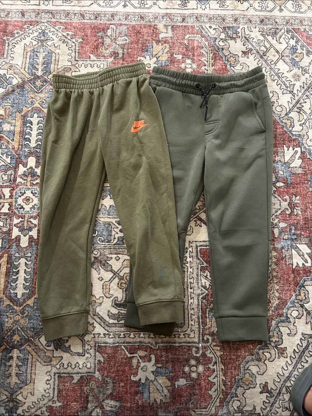 Nike Olive & Dark Olive Kids Sweatpants with Orange Swoosh